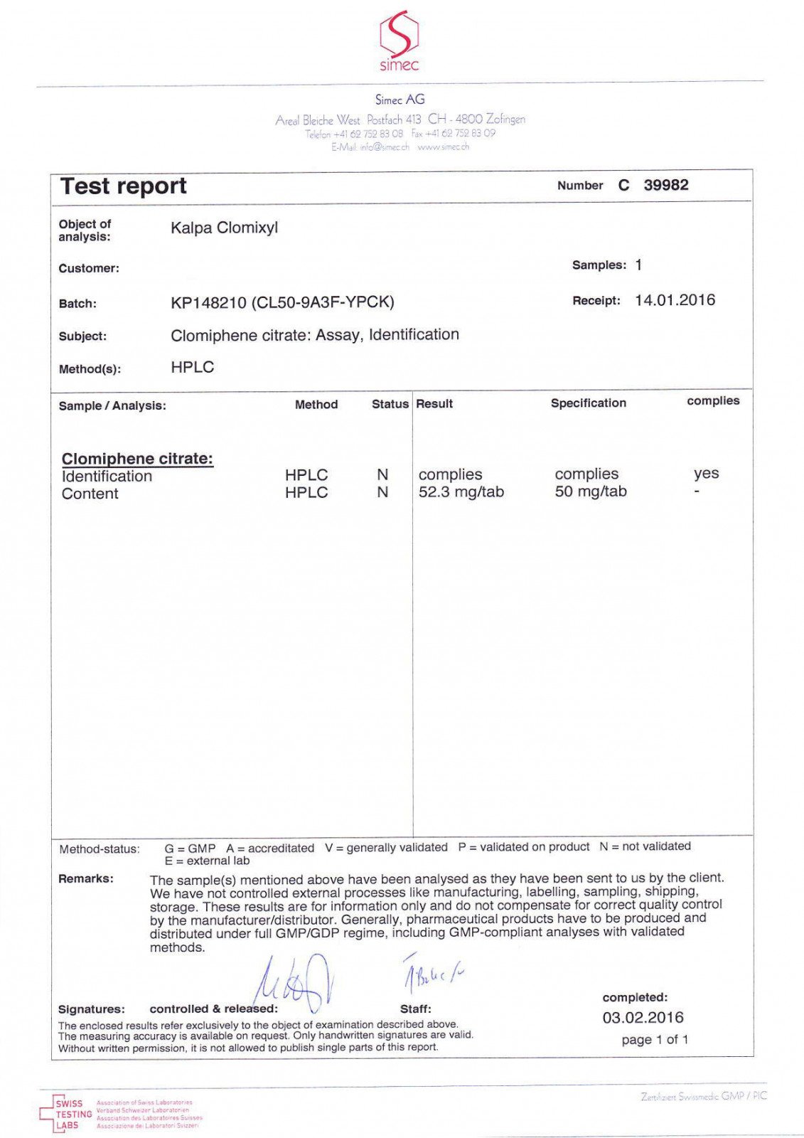 clomixyl lab test results