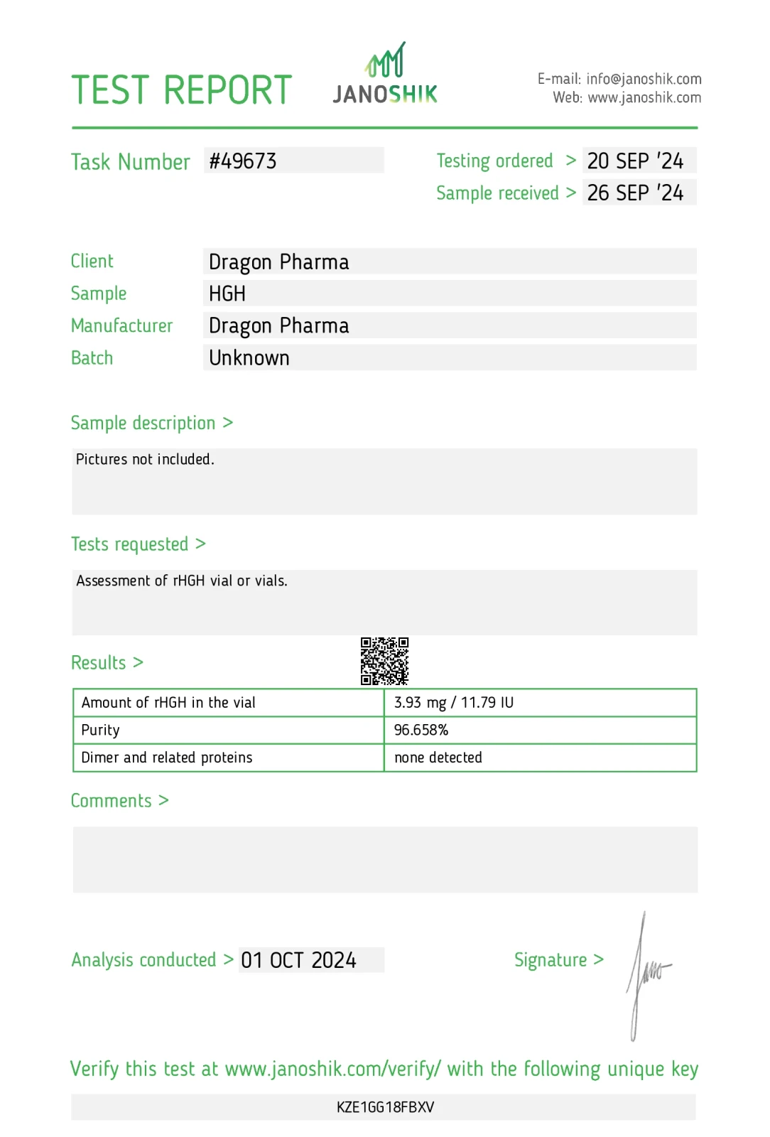 dragontropin lab test report