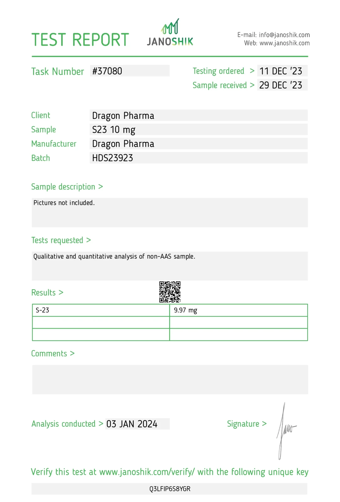 s 23 lab test report