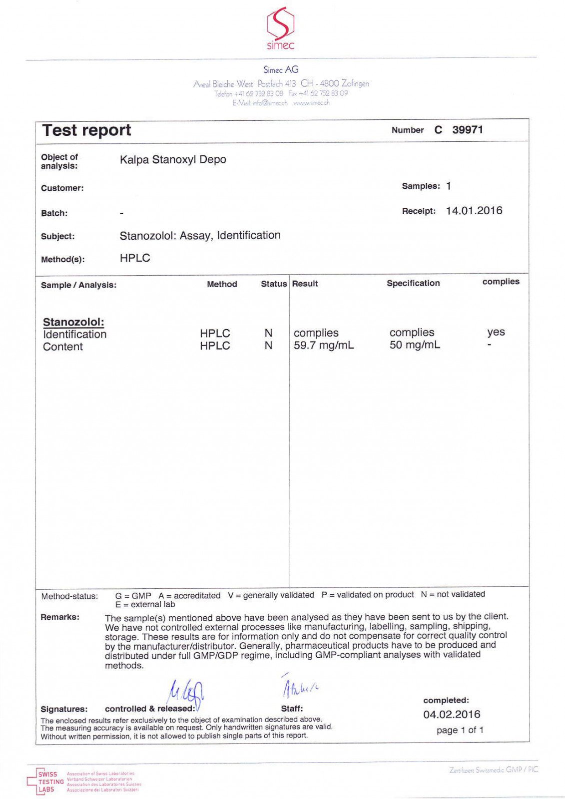 stanoxyl depot lab test results