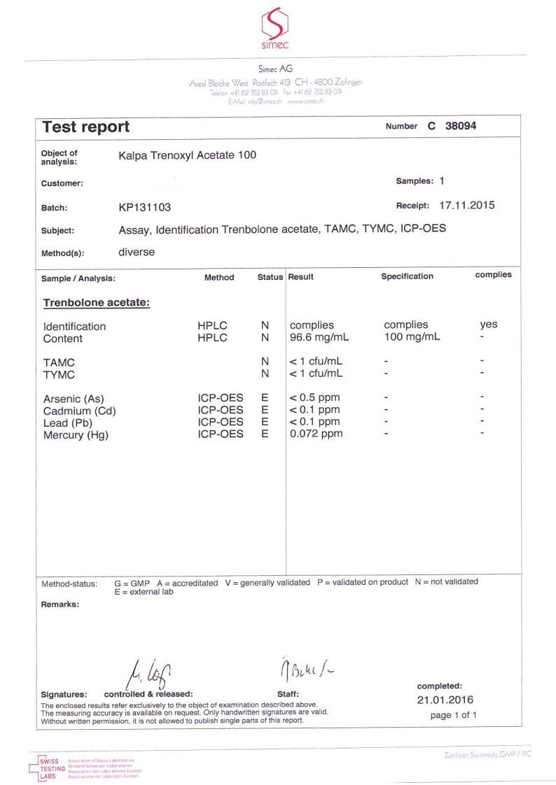 trenboxyl acetate 100 lab test results