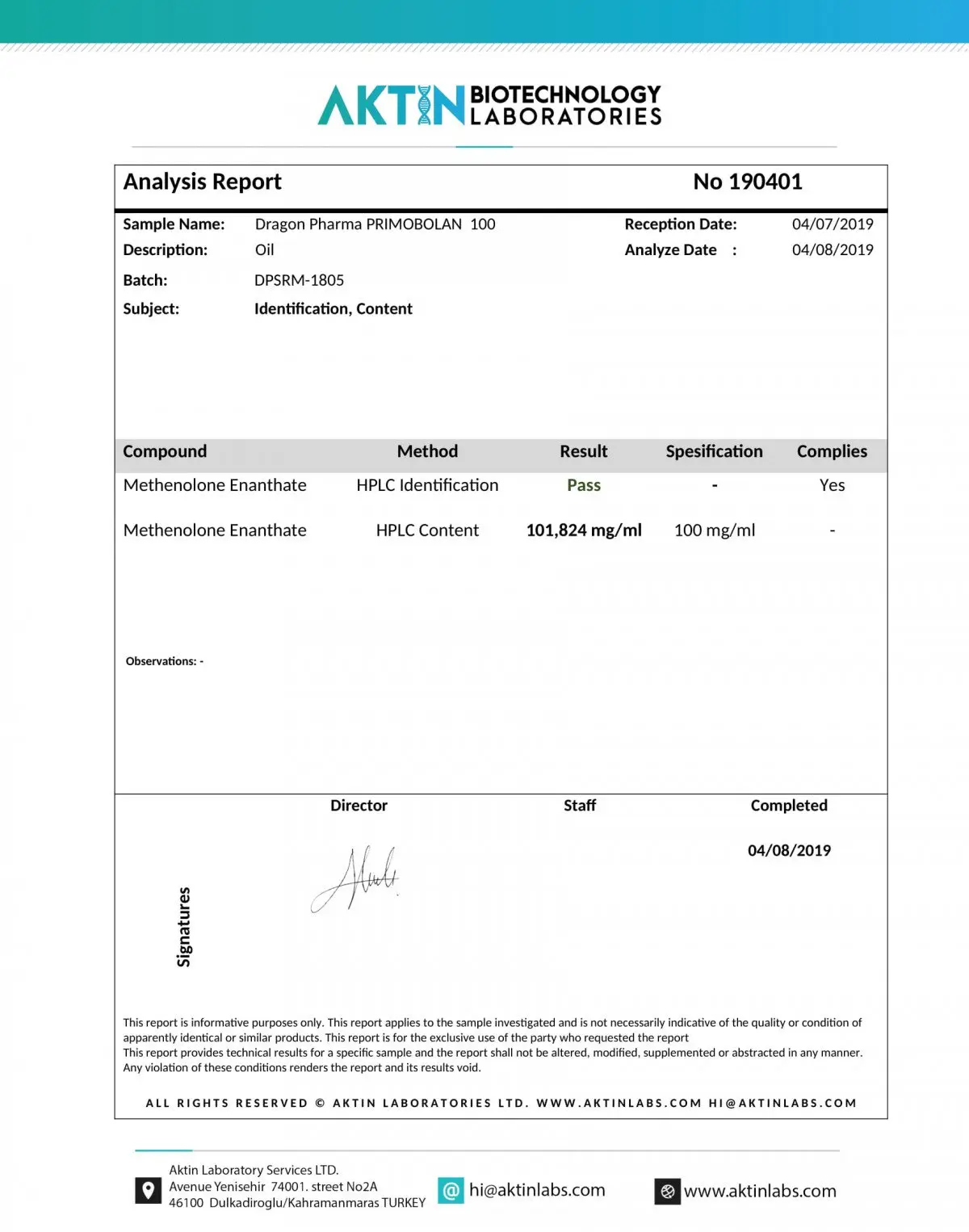 primobolan 100 lab test results