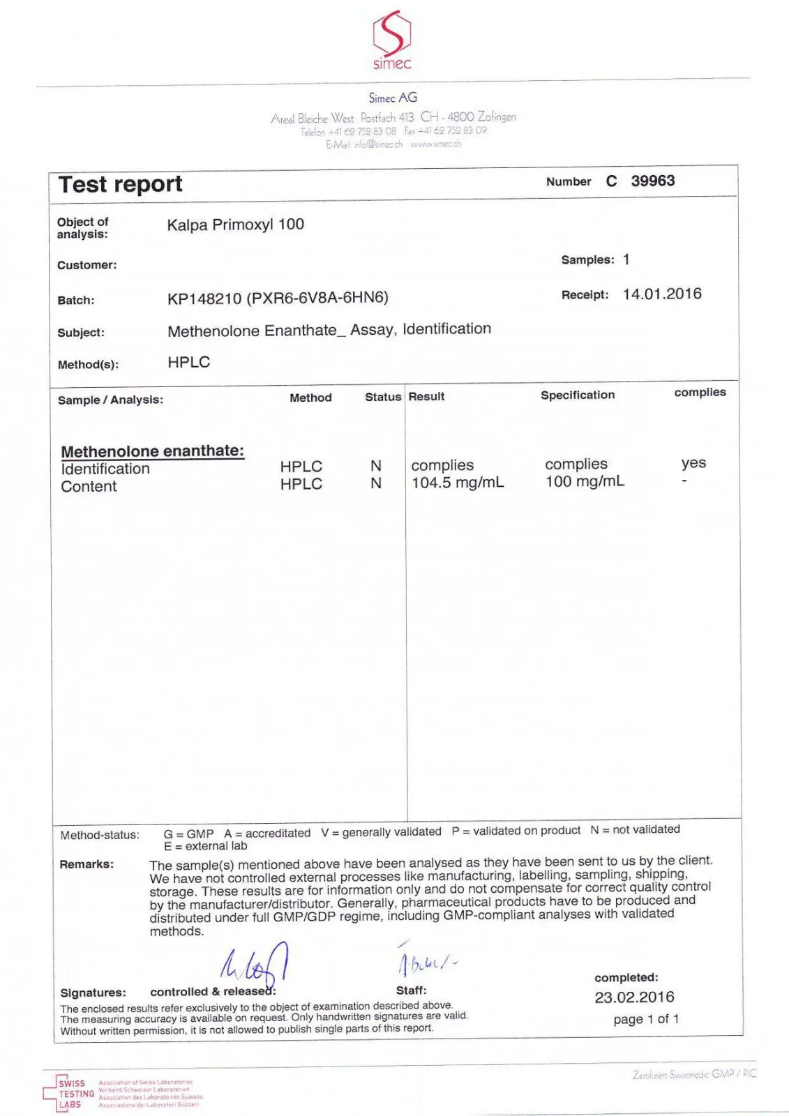 primoxyl 100 lab test results
