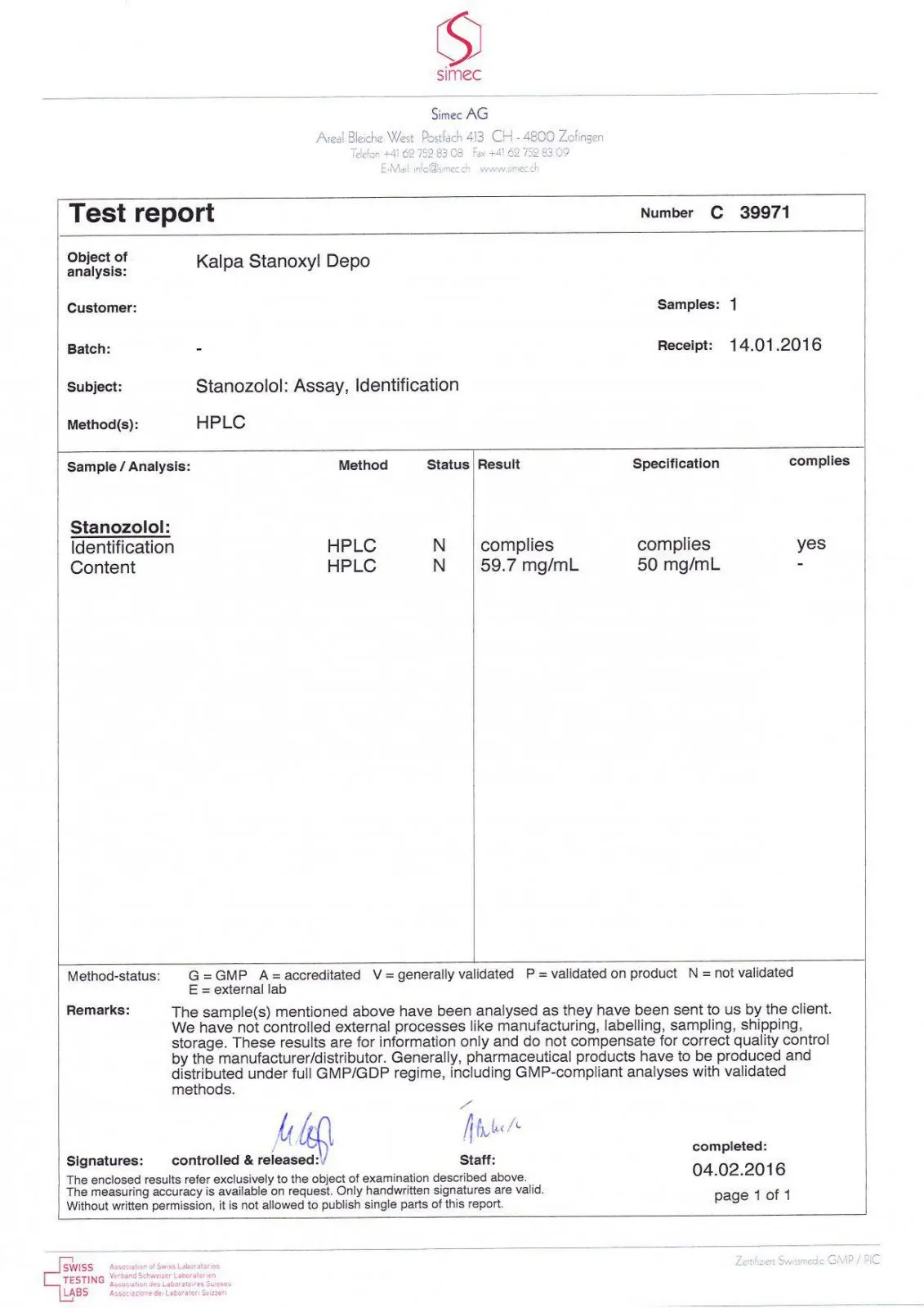 stanoxyl depot lab test results